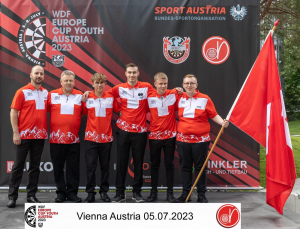 Team Switzerland at the WDF Europe Cup Youth 2023 (left to right): Sven Gut (Head Coach), Michel Roy (Coach), Ivan Jenni, Justin Oeschger, Nico Hodel, Rinaldo Hodel